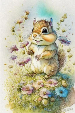 a cheerful cute furry fluffy chibi chipmunk holding a beautiful big raisin on the green field with flowers S<AI by Jean-Baptiste Monge, watercolor and ink, intricate details, fantasy, beautiful, award winning, colorful, fantastic view, crisp quality, in sunshine