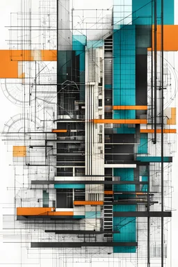 Create a slightly abstract illustration with technical architectural drawings mixed with technical text, primarily in black, raw collage artwork, offwhite background color, teal and orange color shades