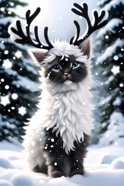 Create a white black Fluffy reindeer Mixed with a kitten in the Snow playing in the background is snowing