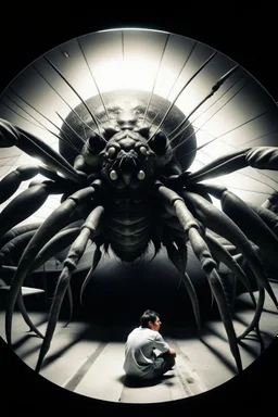 polaroid, gruesome, cosmic unreal entity, terrifying, man next to it for size comparison, roughly 100-feet in diameter, these creatures are able to form limbs, eyes, teeth, wings, and other appendages at will, imitate other life forms, and perform great feats of strength