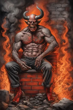 smoking attraktive demon with tattoo in hell, dark magic, light red black and white dark grey , dark steel dark red, orange, grey light orange, dark evening, comics, dark things in hell, dirty, brick wall, shadow, smoke, fire, professional photo, photorealistic, highly detailed, masterpiece