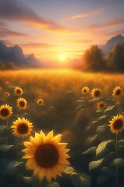 At sunset turn this into a beautiful sunflower scenery, magical, painting quality 8K ,