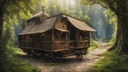 Medieval gothic Two-story, wooden gipsy caravan on a pathway in dense woodland