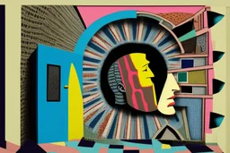 man with head inside a Hole in the wall bank machine in the style of Eileen Agar