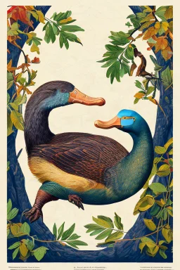 John James Audubon-like illustration of a fully uncropped Dodo bird and a Platypus in a landscape of warm yellows, warm reds, and warm blues