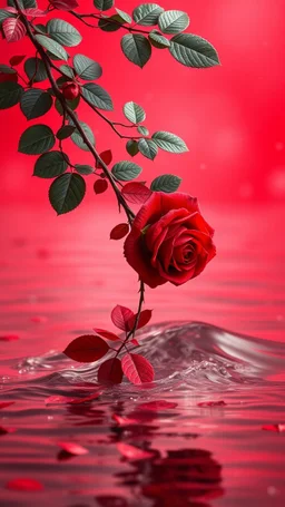 The image is a digital artwork that depicts a branch of tree of Red roses and red leaves tangling in to a water in the river with aThe rose floats on the surface of the water, creating a wave-like effect. The background is red , which makes a branch of a tree of red roses stand out even more. Water droplets are scattered adding to the dreamy, ethereal quality of the image.all leaves and background are red