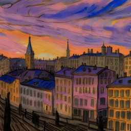 A light purple city in twilight painted by Vincent van Gogh