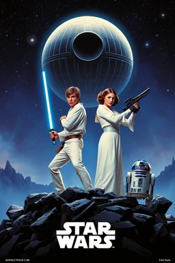 stars nebula and the Death Star large at top, in front in poses from the original star wars posters is Luke Skywalker with lightsaber and Princess Leia Organa with upward pointing raygun both in white clothing atop crumbling stone and droid parts c3po r2d2