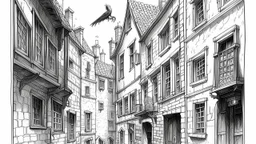Medieval cobblestone alley with crooked facades, nearly touching balconies and hanging laundry; a crow perched on a gargoyle. European gothic engraving style.