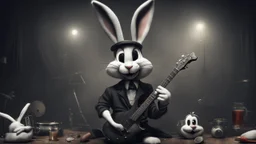 photorealistic deppressed dark melancholic sad Bugs bunny with blackeye deppressed doing music rock and roll dark heavy metal on a scene alcoholic, ciggaretes sad sad sad ciggarets