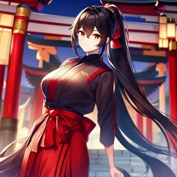 girl, masterpiece, best quality, volumetric lighting, detailed outfit, perfect eyes, long hair, black hair, red eyes, hakama, ponytail, shrine,