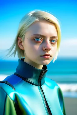 portrait of a 16 year old caucasian woman with and shaved blond hair, blue-green eyes, futuristic style standing next to the sea