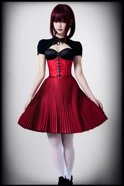 skinny goth woman in a short pleated skirt, white stockings, red corset, dark red hair with bangs