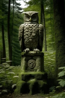 Stone owl statue on a pillar, in the middle of a forest