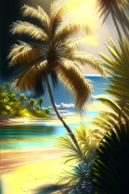 full light,highlight, palm trees, water, day, sun day, an idyliic beach, ocean, sun,flower, tropical paradise, realistic art, brush, pencil, detailed