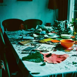 Close up polaroid photography of spooky room, eerie, table, Max Ernst, hypnotic, obsessive, hypermaximalist, colors, details of the table very accentuated, filthy pieces of dismebered body, strong contrasts and dynamism