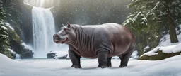 hippo in the snow with santa claus, forest alley waterfall background, close-up shot, realistic,Highest quality telescopic Zeiss Zoom lens, supreme cinematic-quality photography, steel walnut wood green leather clothes, Art Nouveau-visuals,Vintage style Octane Render 3D technology,hyperrealism photography,(UHD) high-quality cinematic character render,Insanely detailed close-ups capturing beautiful complexity,Hyperdetailed,Intricate,