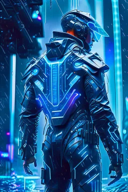 cyberpunk, neon blue, high technology, geometric figures, orbiting figures, cyberpunk suit, black and blue, epic, rain, neon blue suit, geometric figures orbiting around suit, exosuit, male