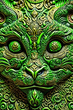 beautiful colourful highly detailed incredibly ornate decorative green man as a cat face 3 d sculplture by walter crane and william morris, closeup, twisting leaves, tiny fine flowing lines, abstract psychedelic, 8 k, artstation
