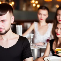 Russian guy young widow short man's haircut men's face boyish features in black girlish lacy cocktail dress in restaurant