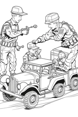 Outline art for coloring page OF A BOY PLAYING WITH A 1940'S TOY SET OF FOUR SMALL AMERICAN PLASTIC TOY ARMY SOLDIERS, coloring page, white background, Sketch style, only use outline, clean line art, white background, no shadows, no shading, no color, clear