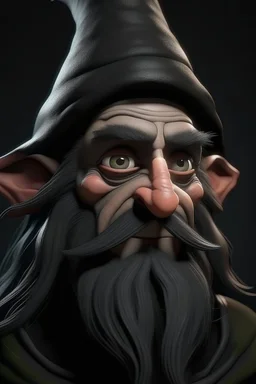 Portrait of a male gnome with long raven hair, small, intelligent eyes, small, angular face, aquiline nose,
