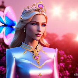 Full body Princess, woman blondie, make up,smile, beautiful place,amazing, flowers, colors, blue and pink butterfly, , realistic, photo real, stars night, detailed, high contrast, 8k high definition, unreal engine 5, extremely sharp detail, light effect, light background