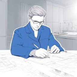 The Blue Prince working on blueprints.