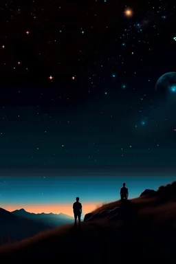 a night sky whit stars and a planet whit a guy whatching it from a hill