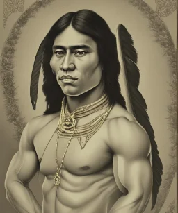 Athahualpa, native american warrior, long black hair, big muscles, pechera, big half circular from shoulder to chest fabric piece