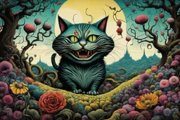 Cheshire Cat in a surreal landscape with trees of strange shapes, and flowers of all kinds in the style of Max Ernst and Ravi Zupa