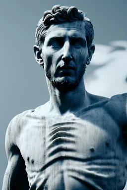 Ultra Realistic image, roman sculpture, deluxe white marble material, Angel di maria soccer player, Renaissance style, miguel angel style, chisel style, emperor, waist up portrait, epic, celestial, cinematic lighting, God light, god rays, 4k resolution, smooth details, ornate details, unreal engine 5, blue sky background.