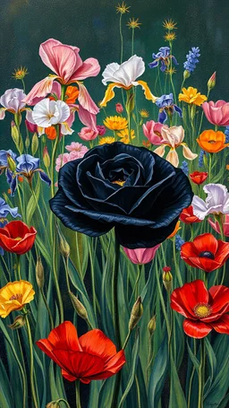A black rose in the middle of blooming garden of poppies and iris Painting in Bosch painting art style painted by Patrick heron , source pinterest , singulart or devian art