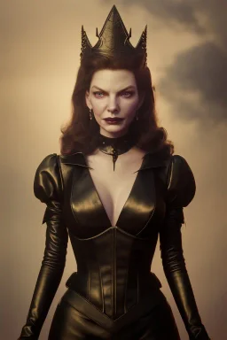 Lauren Bacall as evil queen in black leather, leather, busty, cleavage, angry, stern look. character design by cory loftis, fenghua zhong, ryohei hase, ismail inceoglu and ruan jia. unreal engine 5, artistic lighting, highly detailed, photorealistic, fantasy