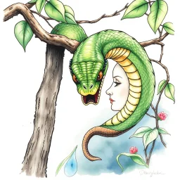 Serpent in the garden of eden hanging out of a branch staring directly into Eve's face, watercolor and ink,