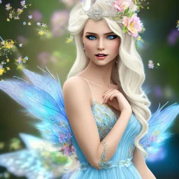 Fantasy fairy with transparent wings, smiling, make up, long platinum blond hair with crown and flowers, blue dress, flowering background