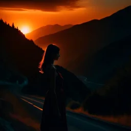 dark night, watching a woman from behind wearing a sleeveless dress, mountains and forests next to the road, a beautiful orange sunrise in the distance, photo quality