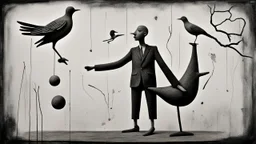 abstract painting, balance, man and bird, bizarre, surreal, art brut, outsider art, a black and white photo, pexels contest winner, 1940s, high quality photo,