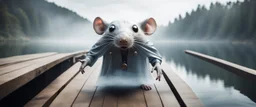 close up on huge dented glowing ghost transparent rat in designer clothes in fast boat with googly eyes, raised by ninja necromancer in the wild, on wooden bridge by lake in surreal reflecting stone chrome landscape, background motion blur, volume light fog, rays, 4d maze