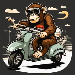 Monkey riding on a scooter making a wheelie with sunglasses on, cartoonize, logo