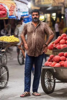 full body shot photography, iranian man at night, 55 years old with hands on the flap, manly chest, muscular chubby , curly beard, dirty, serious, stand up on a crowded street, sells watermelons at his stall, sweat, shirtless, open legs, bulging pants, long hair, ugly, big thighs, bullneck, big shoulders, photo realistic, photographic, super detailed, hyper realistic, UHD, midnight , misery and poverty, side light, frontal view from the ground, ambient occlusion