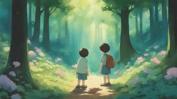 The boy enters the forest and discovers a sparkling flower growing in the shade of the emerald trees.Studio Ghibli