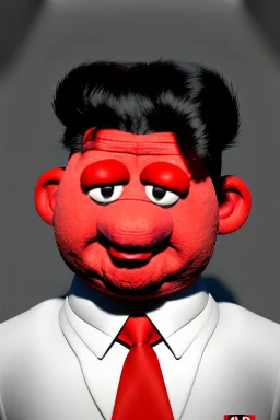 Waist up muppet Portrait, Kim Jong-un muppet doll, black suit, photo studio, red background, unreal engine 5, concept art, art station, god lights, ray tracing, RTX, lumen lighting, ultra detail, volumetric lighting, 3d.