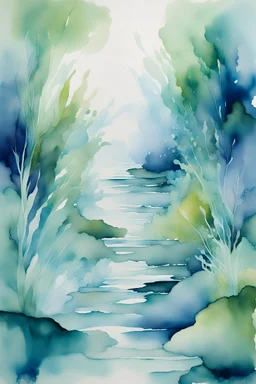 Watercolor, abstract, impressionist, not much detail patterns: Picture a gentle cascade of cool blues and greens, creating a serene underwater world where abstract shapes mimic the ebb and flow of water, providing a soothing and contemplative coloring experience.