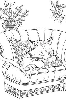 create a coloring page that Illustrate a cute kitten sleeping in a couch.