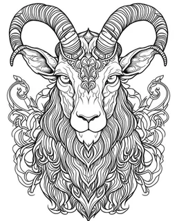 satanist goat tattoo, coloring book page, clean line art, adults drawing book, Black and white only, crisp black lines, sharp lines, coloring page for adults, black and white picture, lots of details, tattoo style,tattoo ideas, full body, without shadows and colors