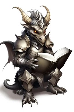 small dragon-like creature, grey diamond - shaped scales, magic book, leather armor