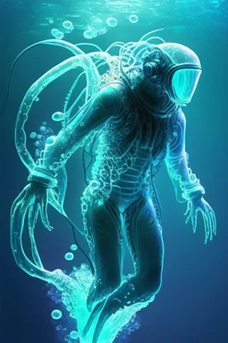 scuba diver, futuristic scuba suit, weightless swimming, bioluminescent sea, squid tentacles, translucent skin