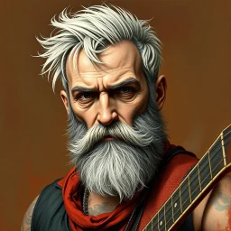 short haired bearded rockstar human bard 80s fantasy