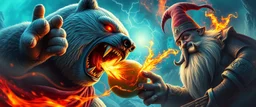 awake within a dream, epic movie poster, fire drop polar bear vampire super hero eating thunder swirling melon with thumbs up grabbed by throat vs gnome goblin rock priest zombie war lord, fish eye lense